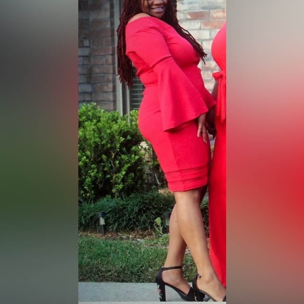 BOLD Elements Red Off the Shoulder Bell Sleeve Dress